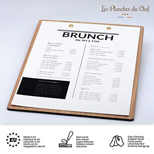 Les Planches du Chef – Portamenús con tornillo – Tabla para tarjeta A4 para hotel, restaurante, cafetería, bar, salón de té – Tornillos de cobre – Madera auténtica – arce – Fabricación francesa