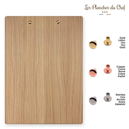 Les Planches du Chef – Portamenús con tornillo – Tabla para tarjeta A4 para hotel, restaurante, cafetería, bar, salón de té – Tornillos de cobre – Madera auténtica – arce – Fabricación francesa