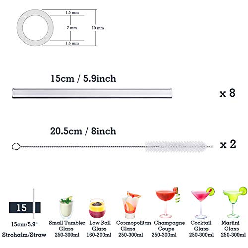 LessMo 8 PCS. Pajitas de Vidrio Pajita Reutilizable con 2 cepillos de Limpieza - Apta para lavavajillas (15cm x ø10mm)
