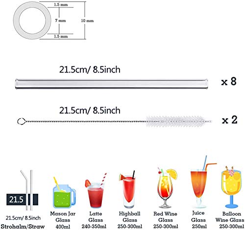 LessMo Pajitas de Vidrio 8 Piezas, pajitas de Vidrio Reutilizables de 20 cm con 2 Pinceles de Limpieza para Batidos, Batidos, cócteles y Bebidas Calientes (8P - 20cm x ø10mm - Derecho)