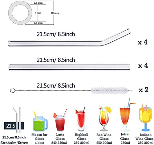 LessMo Pajitas de Vidrio 8 Piezas, pajitas de Vidrio Reutilizables de 21.5 cm con 2 Pinceles de Limpieza para Batidos, Batidos, cócteles y Bebidas Calientes (8P - 21.5cm x ø10mm - Recto y doblado)