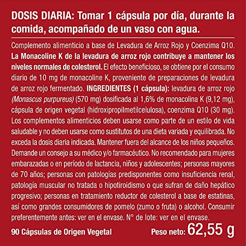 Levadura Roja de Arroz Coenzima Q10 Baja Tu Colesterol Monacolina K CoQ10 Dosis Concentrada Arroz Rojo Puro Monascus Purpureus Tratamiento 3 Meses 600 mg Capsulas Vegano