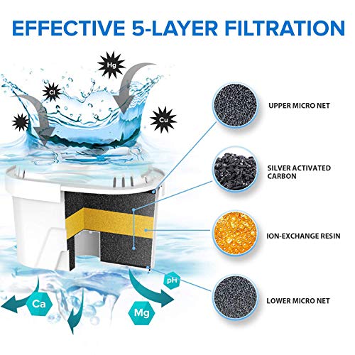 Levoit Jarra de Agua Filtrada 2,5L con 4 Filtros Hasta 60 Días, Libre de BPA con Indicador de Cambio de Filtro, 5-Etapa de Filtración para Atrapar Cloro, Fluoruro, Plomo, Metales Pesados y Olores