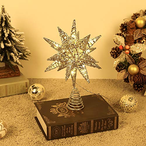 Lewondr Lámpara de Estrella de la Copa del Árbol Decorativa 3D, Luces Led Funciona con Pilas Tradicional Morava, Ideal para Fiesta, Boda, Decoración del Hogar, Disposición Romántica - Oro Champagne