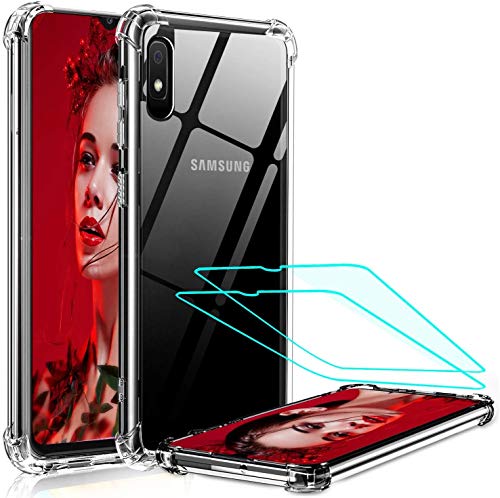 LeYi Funda Samsung Galaxy A10 con 2-Unidades Cristal Vidrio Templado, Cristal Transparente Shockproof Carcasa Ultra Silicona PC y TPU Slim Gel Bumper Antigolpes Cover Case para Movil A10, Clear