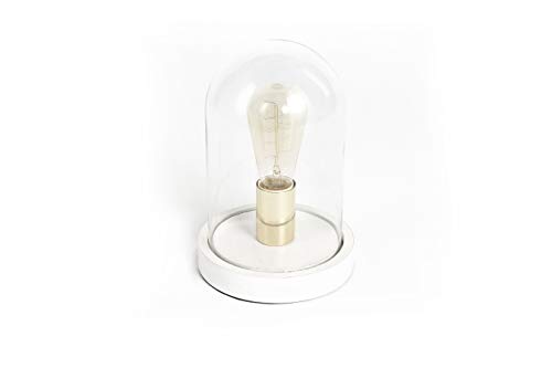 LIFA LIVING Lámpara decorativa en cúpula de cristal, Bombilla incandescente en campana de vidrio, Base de madera blanco, Sobremesa, mesilla de noche, escritorio, Altura 25cm