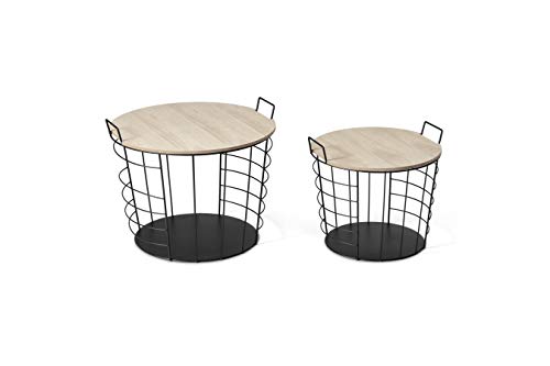 LIFA LIVING Mesita de Centro Redonda con Jaula, Juego de 2 mesitas de café con Tapa, Madera y Metal, Salón, Comedor, Sala de Estar, Dormitorio, 2 tamaños, Metal Negro