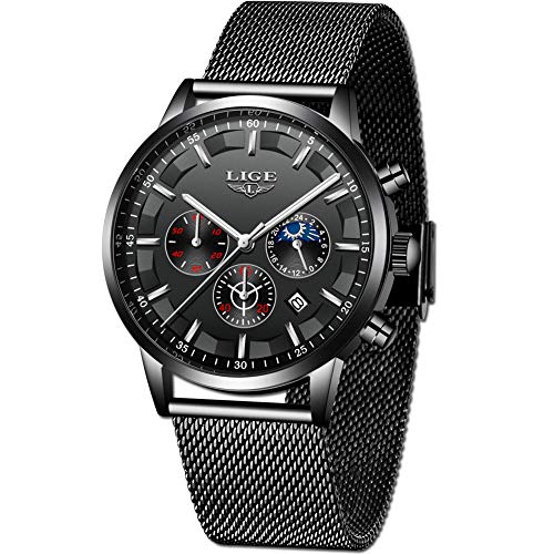 LIGE Relojes Hombres Moda Negro Acero Inoxidable Analógico Cuarzo Relojes Hombres Impermeable Deporte Cinturón de Malla Relojes