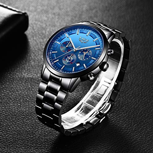 LIGE Relojes para Hombre Impermeable Deportivos Cuarzo Reloj Cronógrafo Acero Inoxidable Negro Reloj de para Hombres