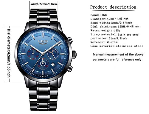 LIGE Relojes para Hombre Impermeable Deportivos Cuarzo Reloj Cronógrafo Acero Inoxidable Negro Reloj de para Hombres