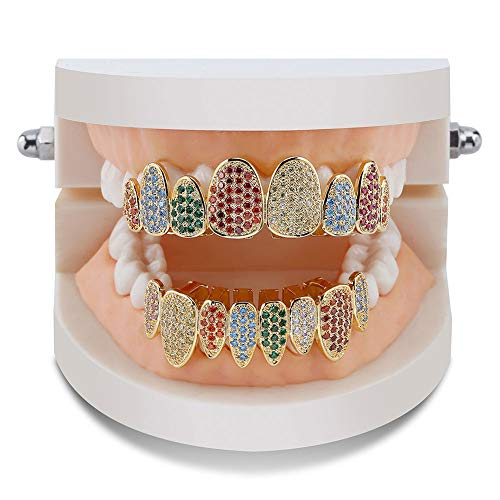 LILIMO Color Plata Helado Oro Grillz Cristal Joyería Superior Inferior Parrillas 8 Dientes Cuerpo Joyería Hip Hop Bling AAA De Circón Cúbico De Los Hombres,Gold