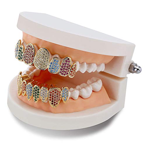 LILIMO Color Plata Helado Oro Grillz Cristal Joyería Superior Inferior Parrillas 8 Dientes Cuerpo Joyería Hip Hop Bling AAA De Circón Cúbico De Los Hombres,Gold