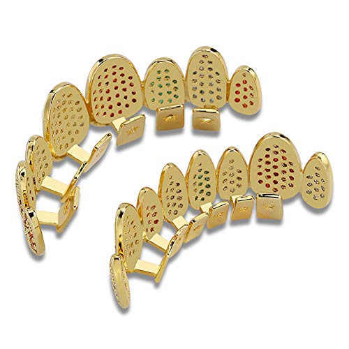 LILIMO Color Plata Helado Oro Grillz Cristal Joyería Superior Inferior Parrillas 8 Dientes Cuerpo Joyería Hip Hop Bling AAA De Circón Cúbico De Los Hombres,Gold