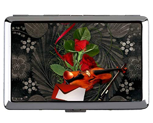 Linda identificación de Acero Inoxidable o Estuche de Cigarrillos, violín Valentine Love Rose Art Acero Inoxidable Titular de la Tarjeta