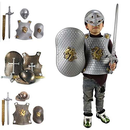 lingzhuo-shop Traje de Armadura de Juguete para niños Casco de 4 Piezas Espada Escudo Armadura Carnaval de Halloween Fiesta de Navidad de Pascua Disfraz de Regalo Jugar