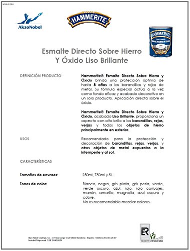 Liso Brillante Directo Sobre Hierro Y Ã“Xido. 61755020204 Hammerite Esmalte Metálico Liso Brillante Azul 750Ml, Multicolor