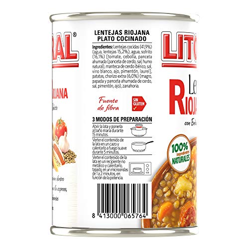 LITORAL Lentejas Riojana - Plato Preparado de Lentejas Riojana Sin Gluten - 430g