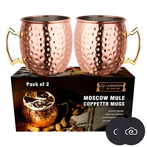 LIVEHITOP 2 Pieza Moscow Mule Taza de Cobre con Costers, Mula de Moscú Copas de cóctel para Fiesta, Bar, Casa, Hotel (Pack of 2)