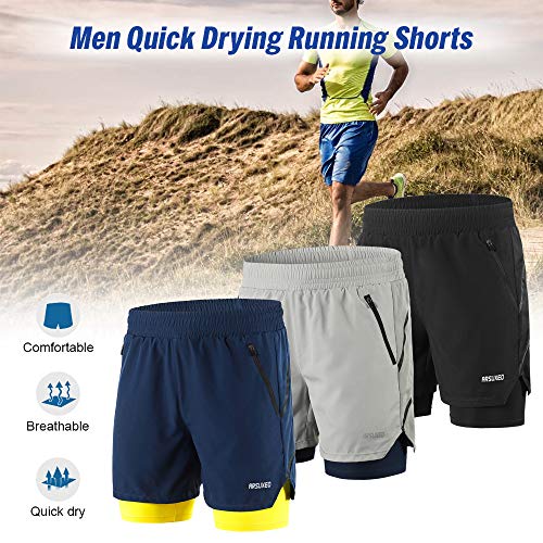 Lixada Hombres Pantalónes Cortos de Running 2-en-1, Pantalones Cortos de Atletismo/Pantalones Cortos de Fitness Maratón, Transpirable Pantalones+Secado Rápido (Negro, L)