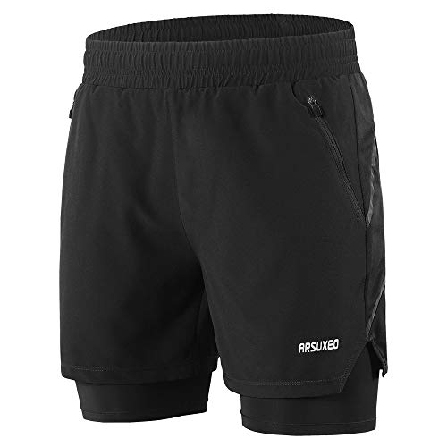 Lixada Hombres Pantalónes Cortos de Running 2-en-1, Pantalones Cortos de Atletismo/Pantalones Cortos de Fitness Maratón, Transpirable Pantalones+Secado Rápido (Negro, L)