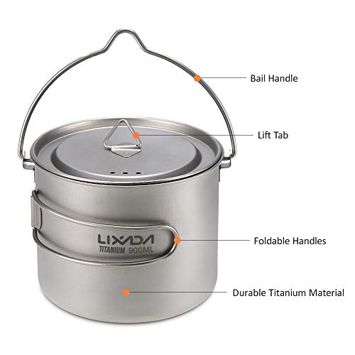 Lixada Taza Titanio Portable Ultralight 900ml con Mango Plegable y Tapa Utensilios de Cocina para Acampada Senderismo Ta8316B-BH