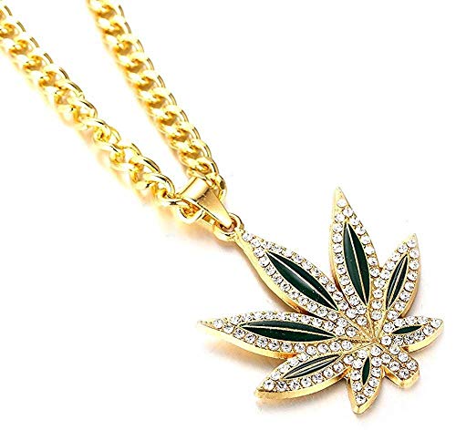 LJ Molde, estilo simple Hombres 'S 18K Real plateado Marihuana Weed Colgante Conjunto de diamantes artificiales Collar con cadena cubana gratis 30'