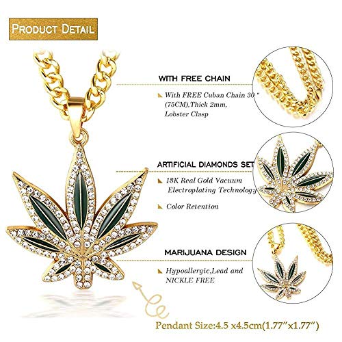 LJ Molde, estilo simple Hombres 'S 18K Real plateado Marihuana Weed Colgante Conjunto de diamantes artificiales Collar con cadena cubana gratis 30'