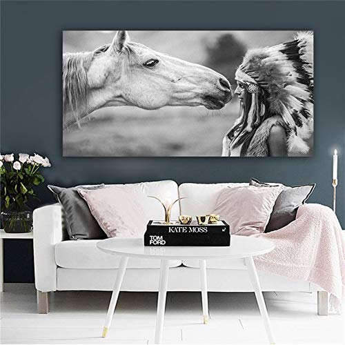 LKJHGU Sin Marco Blanco y Negro Indio Nativo con Retrato de Caballo Lienzo Arte escandinavo póster impresión Imagen de Pared para Sala de Estar