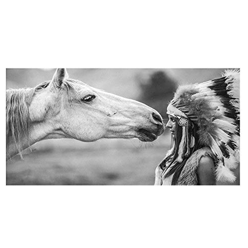 LKJHGU Sin Marco Blanco y Negro Indio Nativo con Retrato de Caballo Lienzo Arte escandinavo póster impresión Imagen de Pared para Sala de Estar