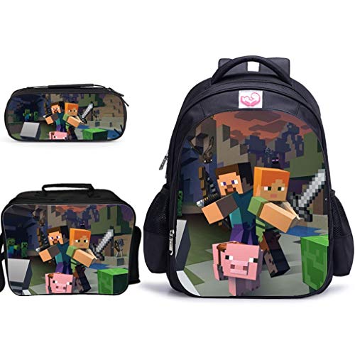 LLYDIANMochila Junior para Niños 3D Estudiantes de la Escuela Bolsa de Minecraft Bolsa de lápiz de Gran Capacidad Aislante del Almuerzo Bolsa de jardín de niños de Escuela Primaria Mochila Secundaria