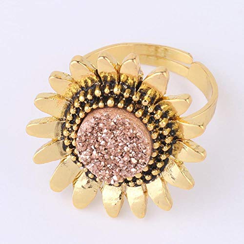 LMKAZQ Anillo de Piedras Preciosas Naturales Aleación de Oro Femenina Flor de Girasol Anillo de tamaño Ajustable Joyería de Boda, Almidón de raíz de Loto