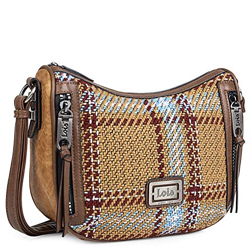 Lois - Bolso Bandolera de Mujer Tipo Góndola. Ideal para Diario y Paseo. Cómodo y Ligero. Lana Noble y Cuero PU. Estilo Escocés Cuadros. Diseño Original 303556, Color Marron