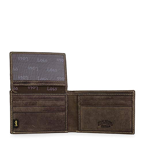 Lois - Cartera de Hombre. Billetero Tarjetero de Cuero Piel Genuina. Porta Monedas. Tarjetas Documentación Billetes DNI Carnet. Caja para Regalo. Troquelada. 12386, Color Marron Oscuro