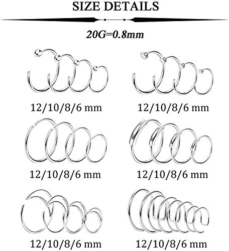 LOLIAS 48Pcs 20G Acero Inoxidable Anillos de Nariz Piercing de Aro para Mujeres Niñas Cartílago Círculo Septum CZ Body Piercing Joyas 1.5mm 2mm 2.5mm 3mm Tono Plateado 6mm - 12mm Aros