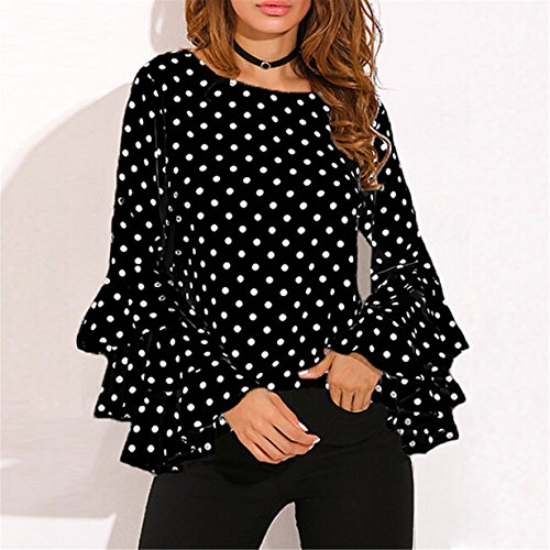 Longra Camisa Manga Larga para Mujer, Mujer Camiseta Mangas Largas Volantes Lunares Blusa Elegante Noche Casual Oficina (XL, Negro)