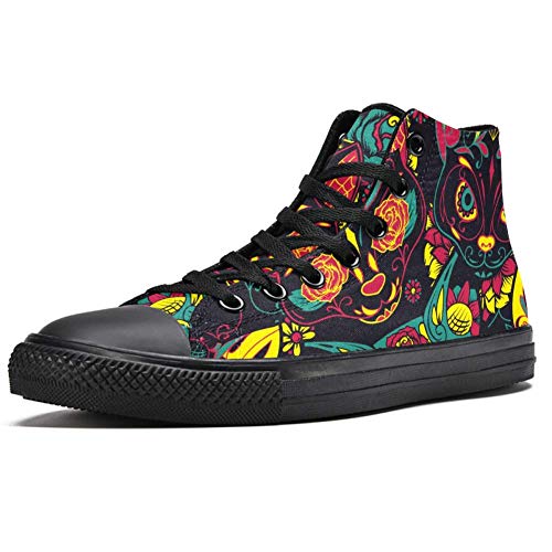 LORVIES - Calavera de gato de azúcar con diseño de flor de adorno floral, zapatillas altas de tela para hombre, (multicolor), 40.5 EU