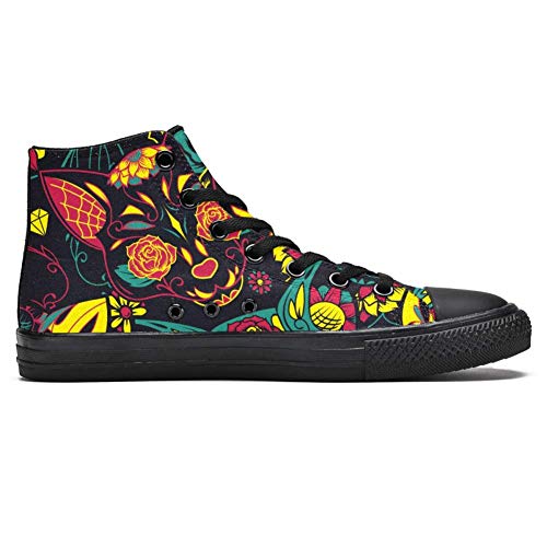 LORVIES - Calavera de gato de azúcar con diseño de flor de adorno floral, zapatillas altas de tela para hombre, (multicolor), 40.5 EU