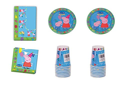 Lote de Cubiertos Infantiles"Peppa Pig" (8 Vasos, 8 Platos,20 Servilletas y 1 Mantel .Vajillas. Juguetes y Regalos Baratos para Fiestas de Cumpleaños, Bodas, Bautizos y Comuniones.