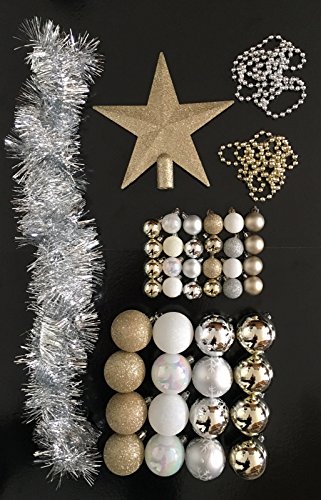 Lote de navidad - Kit 44 piezas para decorar árbol: Guirnaldas, Bolas y Estrella cima - Tema color: Blanco, oro y Plata