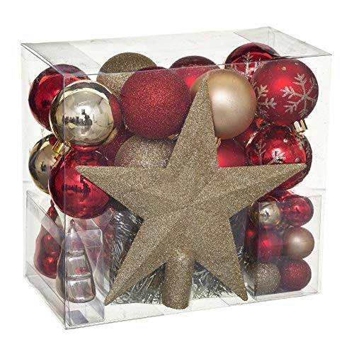 Lote de navidad - Kit 44 piezas para decorar árbol: Guirnaldas, Bolas y Estrella cima - Tema color: Oro y Rojo