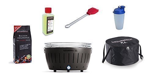 LotusGrill XL Juego de inicio 1x Gris Antracita 1x Carbón Madera haya 1 kg, 1x Pasta Quemar 200ml, 1xmarinierpinsel ROJO FUEGO, 1x agitador aliñado, 1x Bolsa transporte - LIBRE HUMO Asador a vegetal /