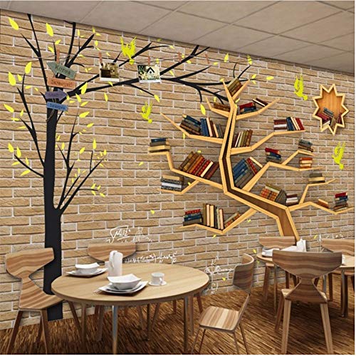 Lovemq Papel Tapiz 3D Mural No Tejido Moderno De Dibujos Animados De Moda Gran Árbol Estantería Fondo De La Pared De Ladrillo 3D Decoración De La Habitación Papel De Pared-190X150Cm