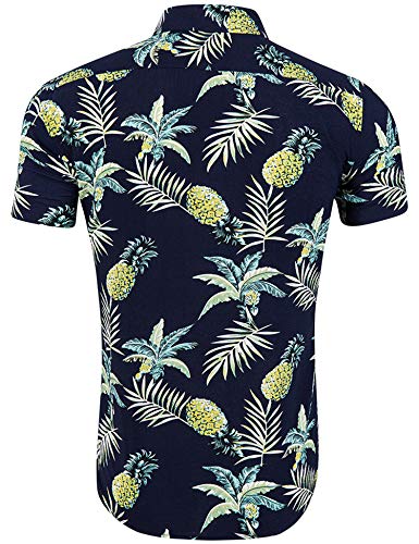 Loveternal Camisa Piña Hombre Camisa Hawaiana Flor Impresión 3D Casual Botón Abajo Manga Corta BBQ Camisa Negro XXL