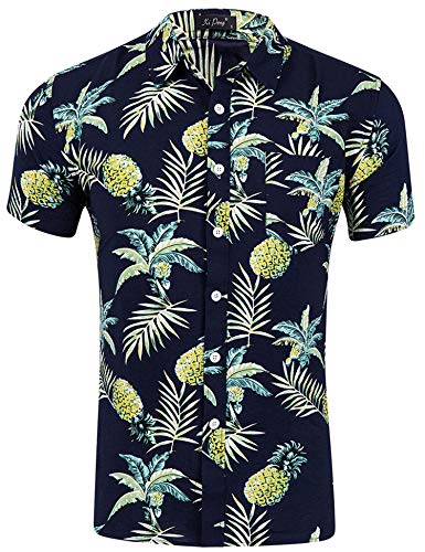 Loveternal Camisa Piña Hombre Camisa Hawaiana Flor Impresión 3D Casual Botón Abajo Manga Corta BBQ Camisa Negro XXL