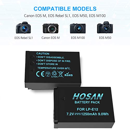 LP-E12 Batería HOSAN para Sony de 1250mAh de 2 Batería Recargable Compatible con Canon LP-E12 Canon EOS M M2 M10 M50 M100 EOS 100D EOS Rebel SL1 EOS Kiss X7