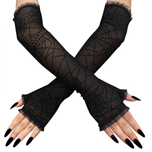 LQH Guantes sin Dedos Largos Mujeres de Halloween araña del Rhinestone Cosplay Web