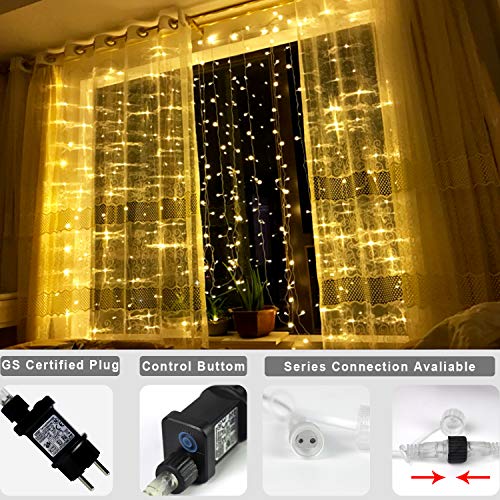 Luces de Cortina LED, OMGAI 300 LEDs, 36V 6W, 3m x 3m Luz de Cortina Con 8 Modos para Navidad, Año Nuevo, Fiesta, Boda, Decoración del Hogar, Blanco cálido