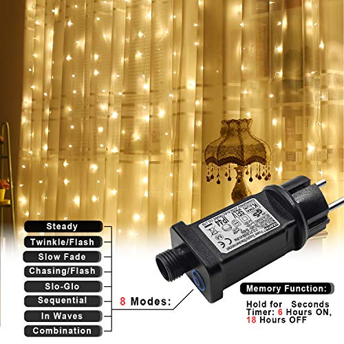 Luces de Cortina LED, OMGAI 300 LEDs, 36V 6W, 3m x 3m Luz de Cortina Con 8 Modos para Navidad, Año Nuevo, Fiesta, Boda, Decoración del Hogar, Blanco cálido