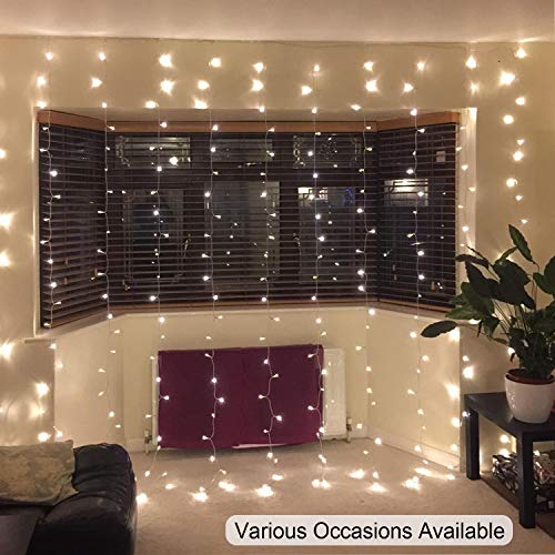 Luces de Cortina LED, OMGAI 300 LEDs, 36V 6W, 3m x 3m Luz de Cortina Con 8 Modos para Navidad, Año Nuevo, Fiesta, Boda, Decoración del Hogar, Blanco cálido