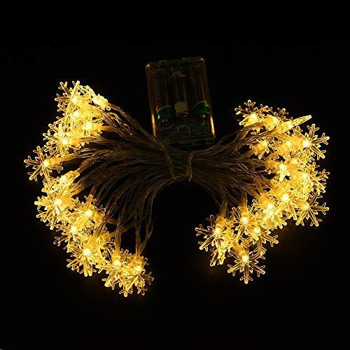 Luces de hadas de copo de nieve, 2 m, 40 luces LED monocromáticas, impermeable IP44, funciona con pilas, decoración para árbol de Navidad mantel interior y exterior